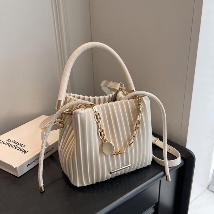 2024 Summer Women's White PU Pleated Bucket Crossbody Bag with Adjustable Golden-Tone Chain Strap & Drawstring Closure - Lightweight Portable Shoulder Bag for Casual & Formal Occasions, Small Crossbody Bag - Image 9