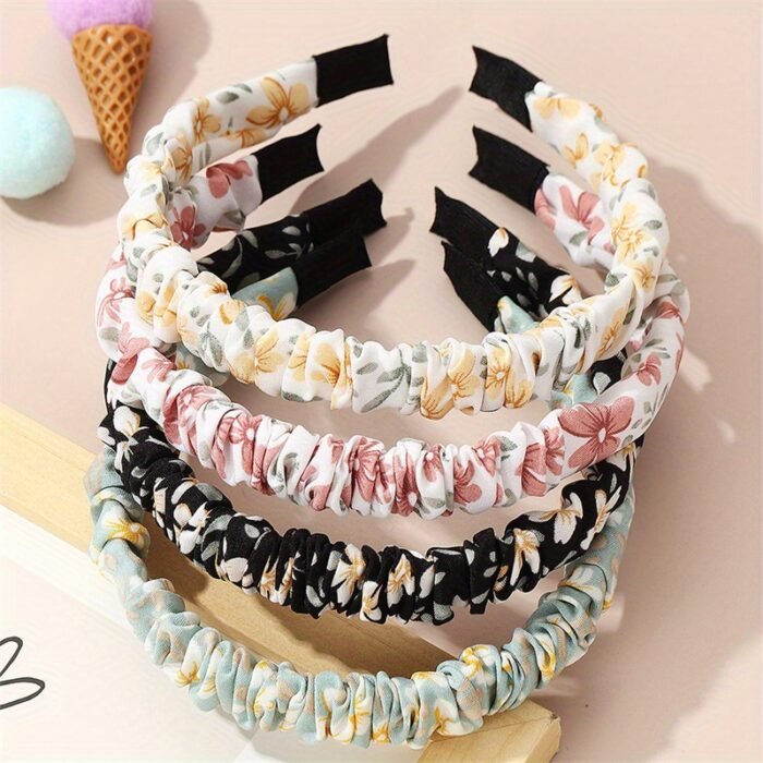 4pcs Sweet Floral Print Pleated Headband Set - Chic & Versatile Hair Accessories for Girls, Perfect for Casual Attire, Girls Hair Accessories - Image 5
