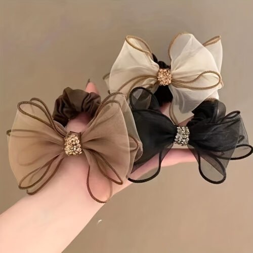 3pcs Elegant Vintage Rhinestone Bow Hair Ties - Stretchy Fabric, Net and Solid Color Design in Brown, Black, and White, Sparkling Crystal Embellishments, Perfect for Stylish Updos, Stylish Hair Accessories|Vintage Bow Design|Stretchy Headband, Hair Ties