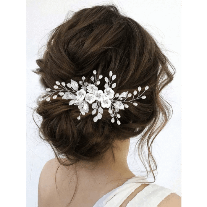1pc White Soft Pottery Flower & Silvery Leaf Bridal Hair Comb Elegant - Image 3