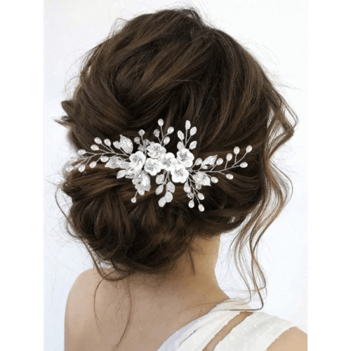 1pc White Soft Pottery Flower & Silvery Leaf Bridal Hair Comb Elegant