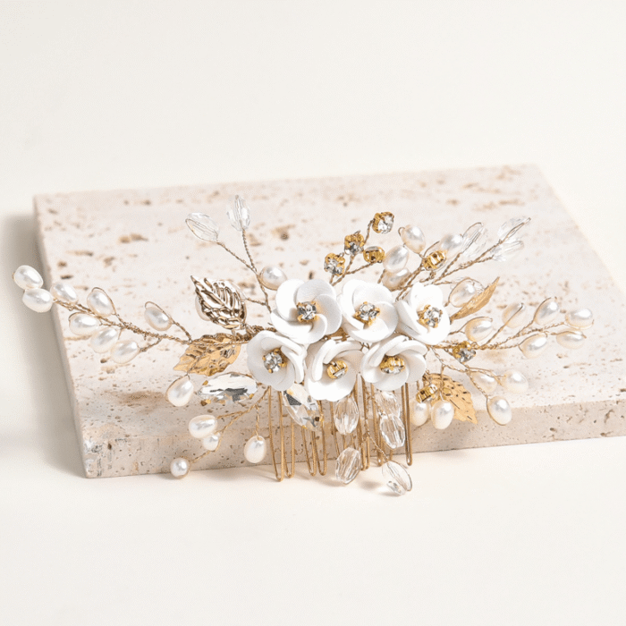 1pc White Soft Pottery Flower & Silvery Leaf Bridal Hair Comb Elegant - Image 9