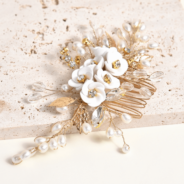 1pc White Soft Pottery Flower & Silvery Leaf Bridal Hair Comb Elegant - Image 10