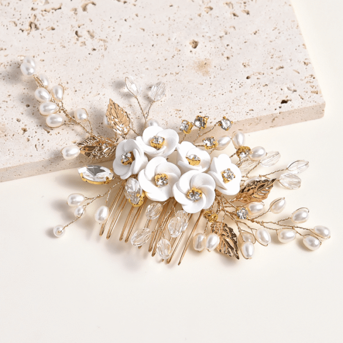 1pc White Soft Pottery Flower & Silvery Leaf Bridal Hair Comb Elegant - Image 5