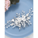 1pc White Soft Pottery Flower & Silvery Leaf Bridal Hair Comb Elegant