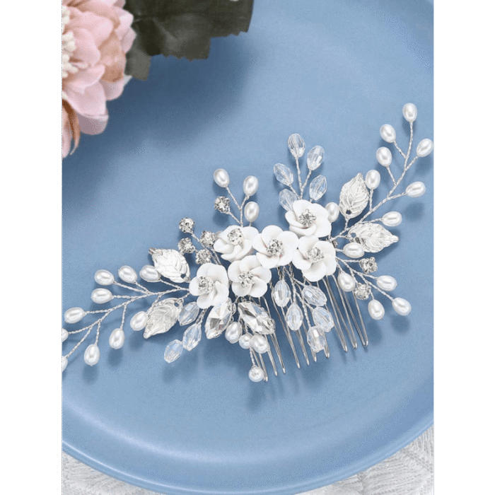 1pc White Soft Pottery Flower & Silvery Leaf Bridal Hair Comb Elegant - Image 2