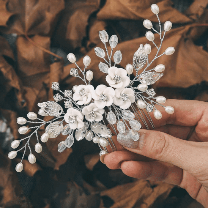1pc White Soft Pottery Flower & Silvery Leaf Bridal Hair Comb Elegant - Image 7