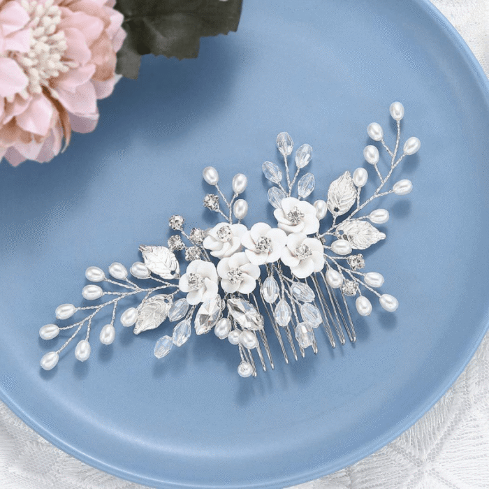 1pc White Soft Pottery Flower & Silvery Leaf Bridal Hair Comb Elegant - Image 8
