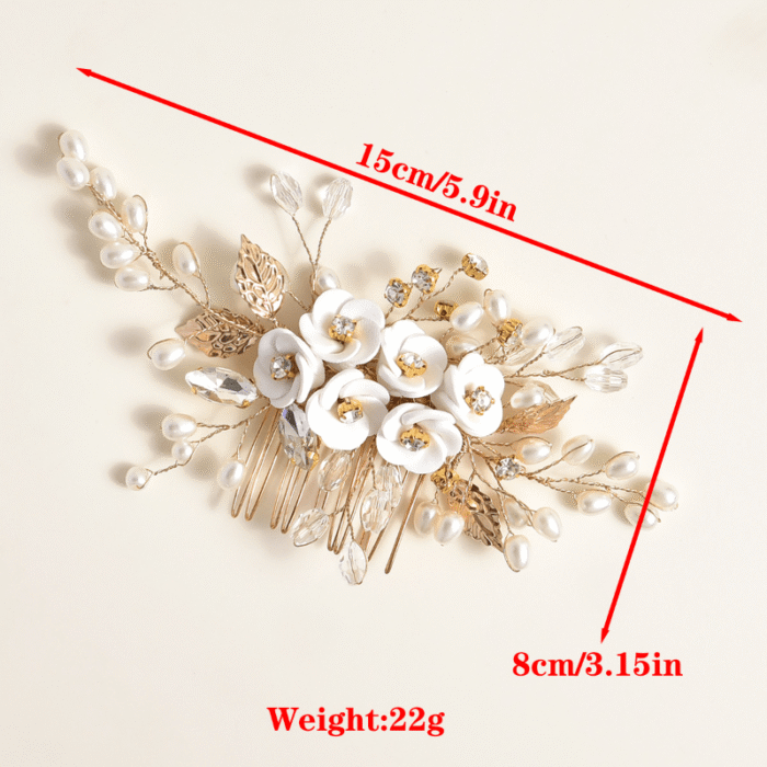 1pc White Soft Pottery Flower & Silvery Leaf Bridal Hair Comb Elegant - Image 6