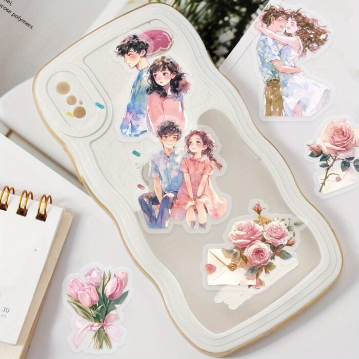 Etori Romantic Couple Stickers - 30 pcs (15 Designs x 2), PET Waterproof Reusable Stickers for Scrapbooking, Crafting, Laptops & Phones, Assorted Love-Themed Irregular Shapes, Suitable for Ages 14+ - Image 4