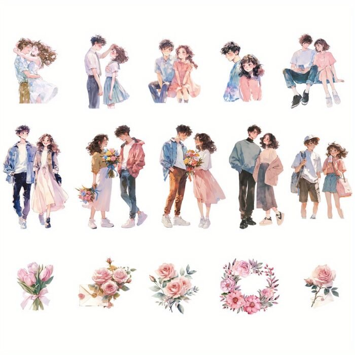 Etori Romantic Couple Stickers - 30 pcs (15 Designs x 2), PET Waterproof Reusable Stickers for Scrapbooking, Crafting, Laptops & Phones, Assorted Love-Themed Irregular Shapes, Suitable for Ages 14+ - Image 9