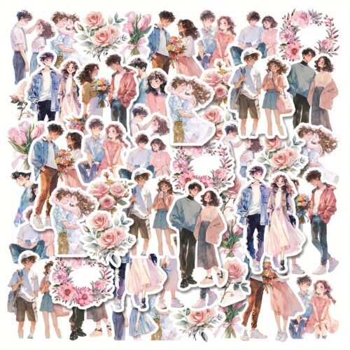 Etori Romantic Couple Stickers - 30 pcs (15 Designs x 2), PET Waterproof Reusable Stickers for Scrapbooking, Crafting, Laptops & Phones, Assorted Love-Themed Irregular Shapes, Suitable for Ages 14+