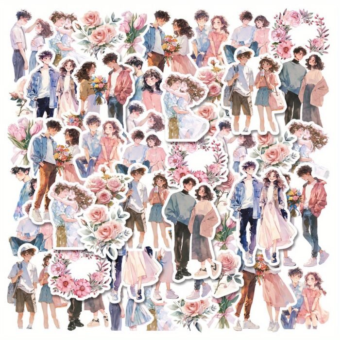 Etori Romantic Couple Stickers - 30 pcs (15 Designs x 2), PET Waterproof Reusable Stickers for Scrapbooking, Crafting, Laptops & Phones, Assorted Love-Themed Irregular Shapes, Suitable for Ages 14+