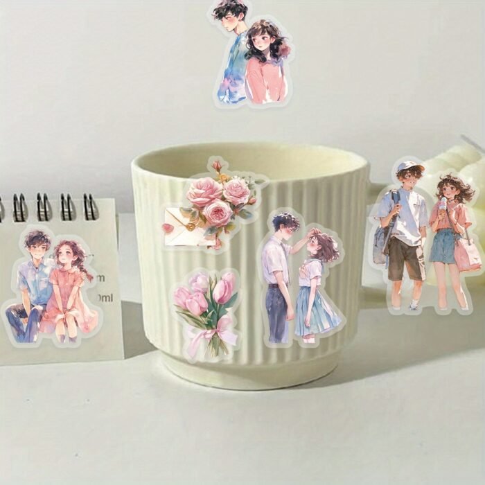 Etori Romantic Couple Stickers - 30 pcs (15 Designs x 2), PET Waterproof Reusable Stickers for Scrapbooking, Crafting, Laptops & Phones, Assorted Love-Themed Irregular Shapes, Suitable for Ages 14+ - Image 5