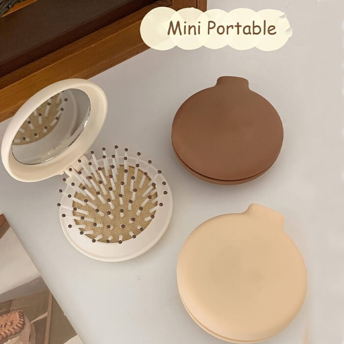 1pc Mini Portable Folding Hair Brush with Integrated Mirror, Scalp Massage Comb with Air Cushion Base for All Hair Types - Travel-Friendly Hair Care Accessory - Image 4