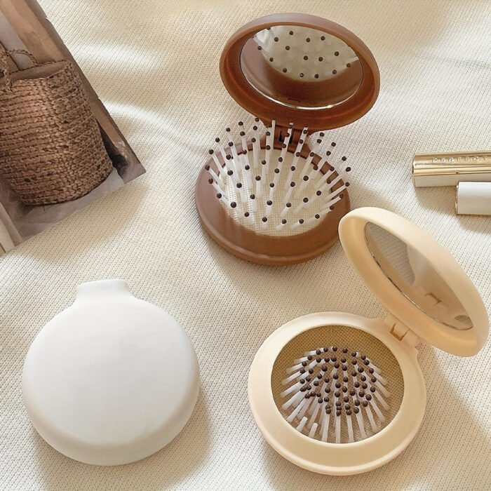 1pc Mini Portable Folding Hair Brush with Integrated Mirror, Scalp Massage Comb with Air Cushion Base for All Hair Types - Travel-Friendly Hair Care Accessory - Image 2