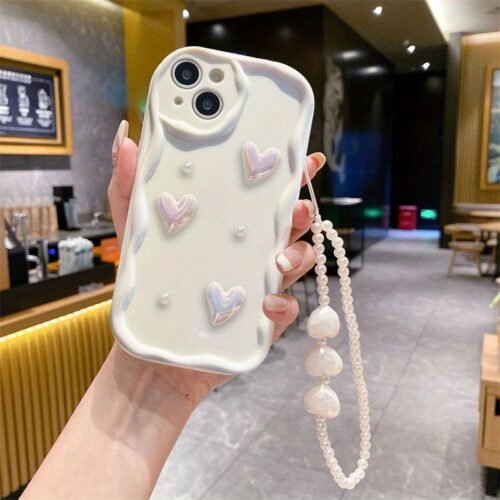 White Heart Pearl Mobile Phone Case, Three-Dimensional Wave Edge with Pearl Lanyard, Suitable for Iphone 16 15 14 13 12 11 Pro Max, Gift for Girlfriend