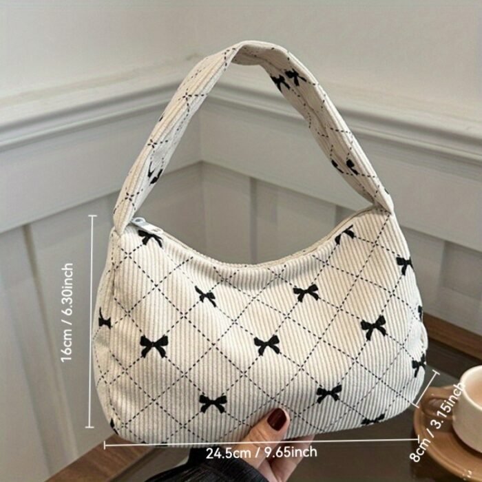 Women's Handbag and Wallet Sweet Plaid Bow Pocket Bag, Gray-White Autumn-Winter Corduroy Material, Niche Design, Large Capacity Underarm Casual Style, Japanese-Korean Backpack Trend, Minimalist Fashionable Tote Bag, Essential for Gifting, Holidays, Travel, and Outings - Image 4