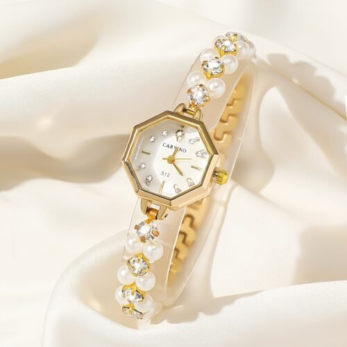 Elegant CARYINO Octagonal Rhinestone Dial Women's Wristwatch with Pearl & Rhinestone Bracelet, Quartz Movement, Non, Zinc Alloy Band, Ideal for Party & Birthday Gift