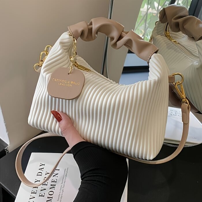 Striped Handbag for Women - Stylish Urban Shoulder Bag with Zipper Closure, Polyester Lined, Black, Perfect for Casual or Office Us - Image 7