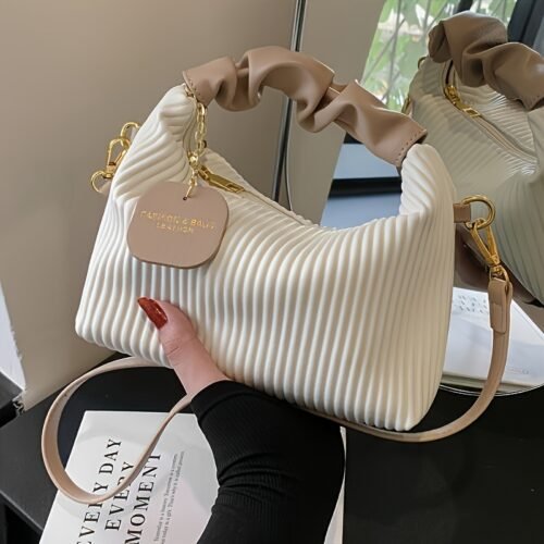 Striped Handbag for Women - Stylish Urban Shoulder Bag with Zipper Closure, Polyester Lined, Black, Perfect for Casual or Office Us