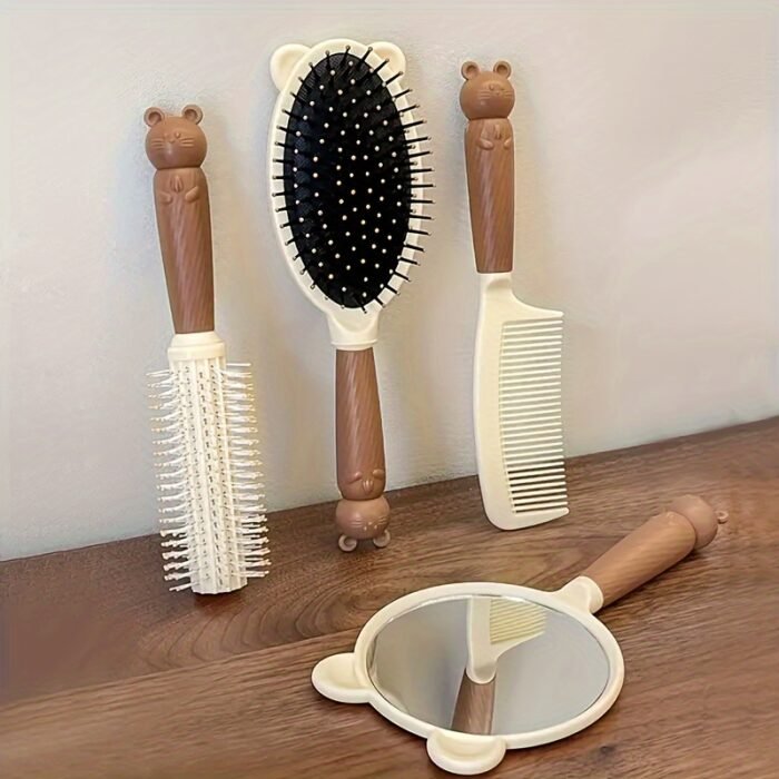 4-Piece Cute Bear Hair Comb Set with Air Cushion Brush, Finishing Comb, Round Curling Brush & Makeup Mirror - Ideal for Normal Hair Travel Essentials - Image 8