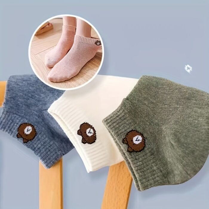 5 Pairs Couple'S Cartoon Bear Pattern Short Socks, 100% Polyester Knit Fabric, Breathable Comfortable Casual Ankle Socks, Hand Wash - 120g/m² - Image 5