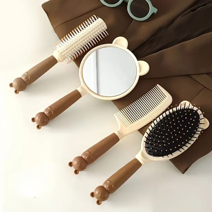 4-Piece Cute Bear Hair Comb Set with Air Cushion Brush, Finishing Comb, Round Curling Brush & Makeup Mirror - Ideal for Normal Hair Travel Essentials - Image 5