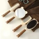 4-Piece Cute Bear Hair Comb Set with Air Cushion Brush, Finishing Comb, Round Curling Brush & Makeup Mirror - Ideal for Normal Hair Travel Essentials
