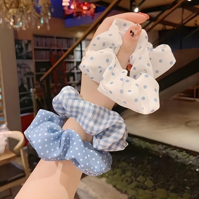French Forest Summer Ocean Breeze Blue Polka Dot Hair Ties Set, Elegant Cute Fabric Scrunchies with Flower Prints, Sweet Floral & Dot Hair Bands, Academy Style for Ages 14+ - Pack of Multiple Hair Rings - Image 8