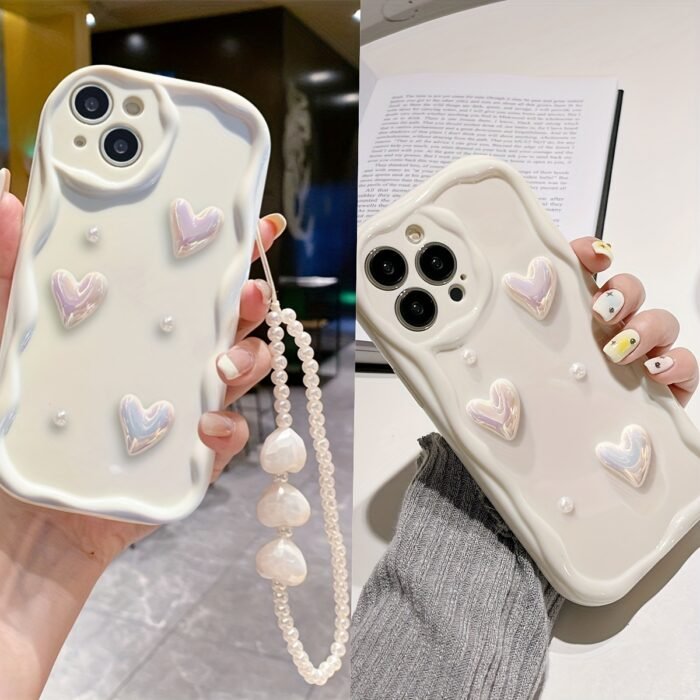 White Heart Pearl Mobile Phone Case, Three-Dimensional Wave Edge with Pearl Lanyard, Suitable for Iphone 16 15 14 13 12 11 Pro Max, Gift for Girlfriend - Image 4