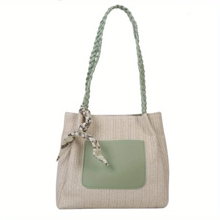 Women's Vintage Woven Tote Bag - Summer 2025 New Design, Large Capacity Crossbody Shoulder Bag with Decorative Tassel Handles & Zipper Closure, Light Brown/White/Green, Durable Fabric for Casual & Holiday Use, Casual Shoulder Bag | Braided Strap Bag | Zipper Closure Tote - Image 3