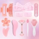 12pcs Facial Beauty Set with Cat Paw Face Brush, Nose Head Brush, Dual-Head Roller Massager, Silky Comb, Heart-Shaped Gua Sha Tool, Hair Clip, Hair Tie, Headband, Wristband for Cleansing, Exfoliation, and Skin Care - Portable Women's Skincare Tools