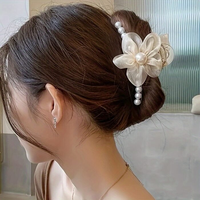 1pc Elegant Bohemian Floral Imitation Pearl Hair Clip for Women - Large Mesh Tulle Hair Claw with Imitation Imitation Pearl & Flower Design, Pink & Champagne Color-Blocked, Secure Hold for Updos, Weddings, Parties, All Hairstyles, Cute Hair Accessories, Wedding Hair Accessory, Versatile Hairpiece, Imitation Pearl Embellishments - Image 12