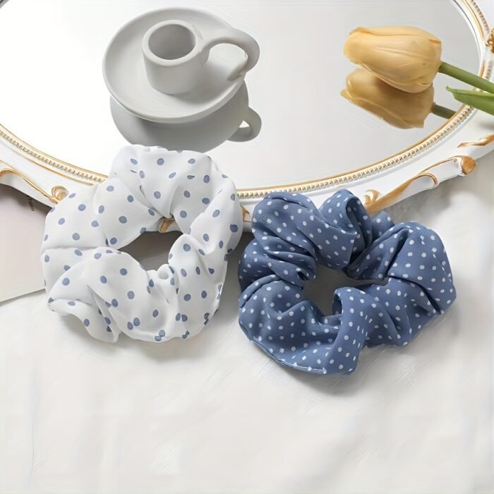 French Forest Summer Ocean Breeze Blue Polka Dot Hair Ties Set, Elegant Cute Fabric Scrunchies with Flower Prints, Sweet Floral & Dot Hair Bands, Academy Style for Ages 14+ - Pack of Multiple Hair Rings - Image 7