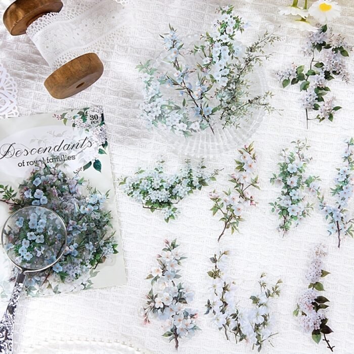 30-Pack Plant Floral Branch PET Decorative Stickers, Mixed Color Self-Adhesive Plastic Craft Embellishments with Crystal Accents, Glossy Finish, Irregular Shapes for Scrapbooking and Journaling - Image 2