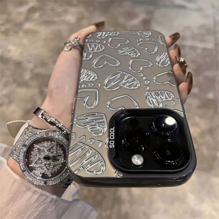 Radium Black and White Silvery Love Heart Metal Pattern Design Mobile Phone Case for iPhone16/16plus/16pro/16promax/iPhone 15/15Plus/15Pro/15ProMax, 14/14Plus/14Pro/14ProMax, 13/13Pro/13ProMax, 12/12Pro/12ProMax, 11/11/11Pro Max/7/8/X/XS - Anti-fouling, Fashionable, Trendy - Image 5
