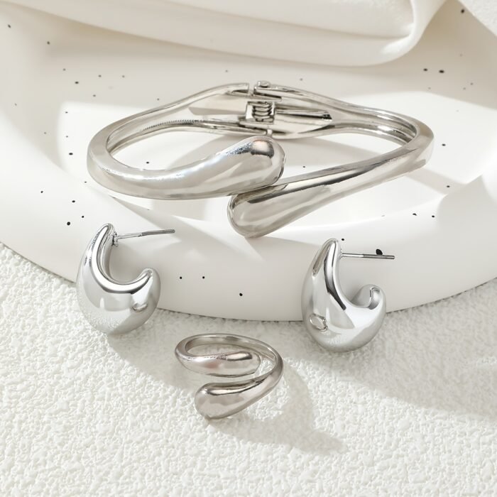2pcs of Teardrop Earrings + 1pc of Bracelet + 1pc of Ring Geometric Teardrop Shape Women'S Jewelry Set Suitable for Daily Wear And Versatile Party Gifts - Image 6