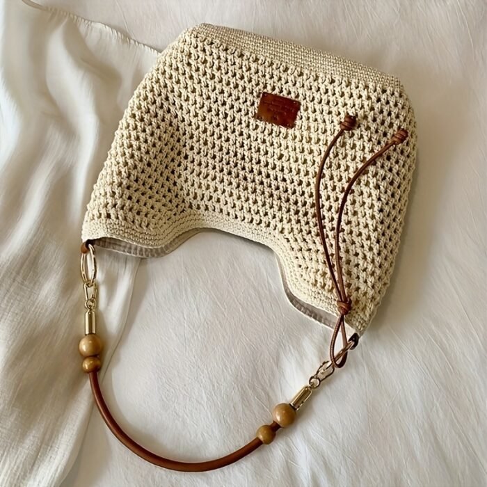 Women's Crochet Woven Tote Bag - Casual Chic Convertible Shoulder & Crossbody Bag with Magnetic Closure, Beige Fabric & Brown Accents, Durable Polyester Lining for Beach, Commute, Everyday Use - Image 3