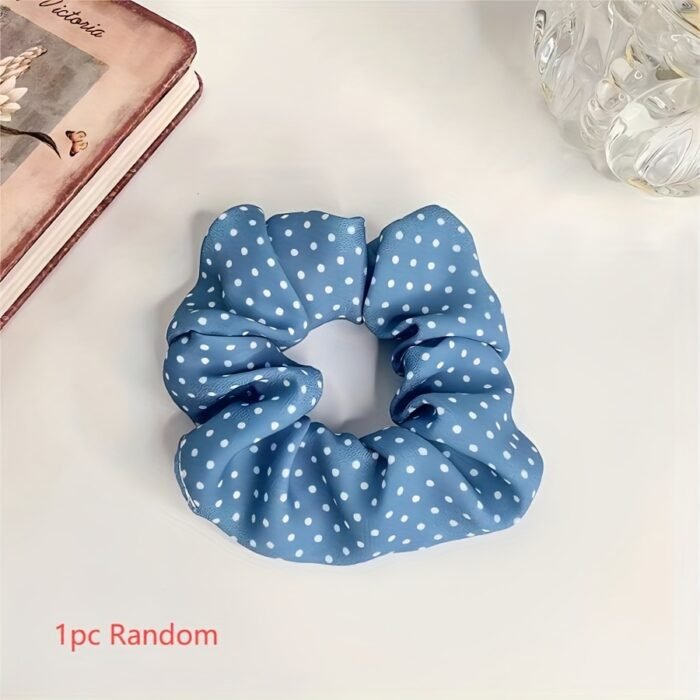 French Forest Summer Ocean Breeze Blue Polka Dot Hair Ties Set, Elegant Cute Fabric Scrunchies with Flower Prints, Sweet Floral & Dot Hair Bands, Academy Style for Ages 14+ - Pack of Multiple Hair Rings - Image 10