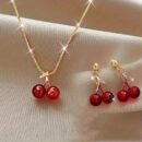 3pcs/set Fashionable and Luxurious Red Cherry Pendant Necklace and Earrings for Personalized Girls' Daily Wear, Party Accessories and Gifts
