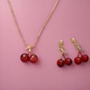 3pcs/set Fashionable and Luxurious Red Cherry Pendant Necklace and Earrings for Personalized Girls' Daily Wear, Party Accessories and Gifts