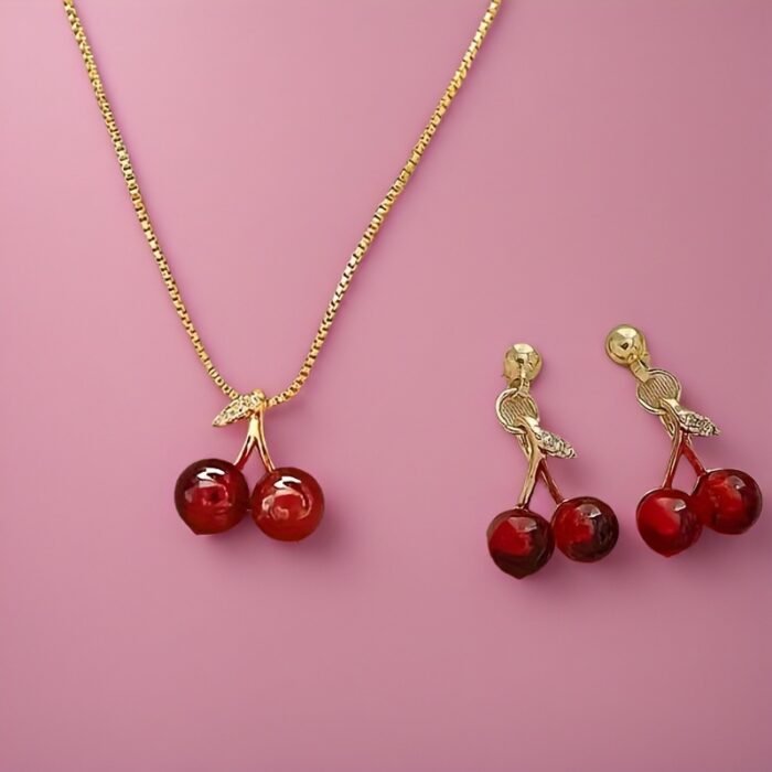 3pcs/set Fashionable and Luxurious Red Cherry Pendant Necklace and Earrings for Personalized Girls' Daily Wear, Party Accessories and Gifts - Image 11