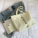 1pc Large Capacity Canvas Tote Bag - Fashionable White Shoulder Bag with Floral Embroidery, Durable Zippers, Ideal for Commuting, Travel, and, Commuting Bag|Floral Embroidery Bag|Durable Zippers