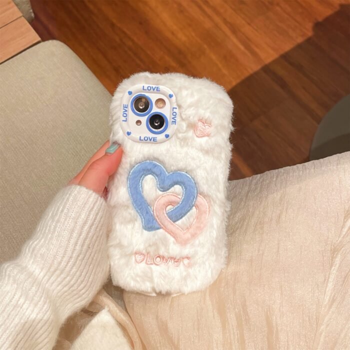 Smudged Double Buckle Love Gradient Color Mobile Phone Case, Suitable for Apple 16/15 Pro Max/15 Pro/15/15Plus/14 Pro Max/14 Pro/14Plus/14/13 Pro Max/13 Pro/13 /12 Pro Max/12 Pro/12/11Pro Max/11 Couple Plush Embroidery Mobile Phone Protective Case - Image 6