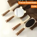 4-Piece Cute Bear Hair Comb Set with Air Cushion Brush, Finishing Comb, Round Curling Brush & Makeup Mirror - Ideal for Normal Hair Travel Essentials