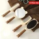 4-Piece Cute Bear Hair Comb Set with Air Cushion Brush, Finishing Comb, Round Curling Brush & Makeup Mirror - Ideal for Normal Hair Travel Essentials