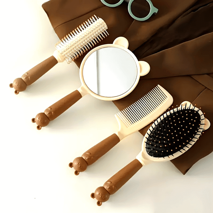 4-Piece Cute Bear Hair Comb Set with Air Cushion Brush, Finishing Comb, Round Curling Brush & Makeup Mirror - Ideal for Normal Hair Travel Essentials - Image 16