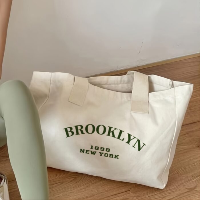 [Lightweight Design] Brooklyn 1989 NYC Tote Bag for Women - Large Capacity, Beige with Green Letter Print, Fixed Shoulder Straps, Hand Washable, Casual Everyday Use - Image 6