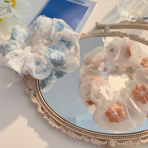 Korean-Inspired Floral Embroidered Hairband - Organza & Mesh Hair Accessory with Blue/White/Pink Flowers, Elastic Comfort Fit for Women, Casual & Formal Events, Formal Event Accessory | Floral Hairband | Soft Texture, Hair Accessories